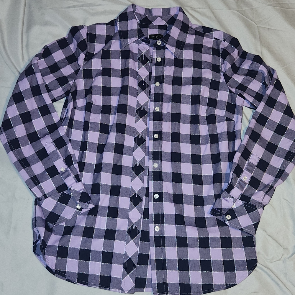 Talbots Womens Lavender and Black Checkered Shirt